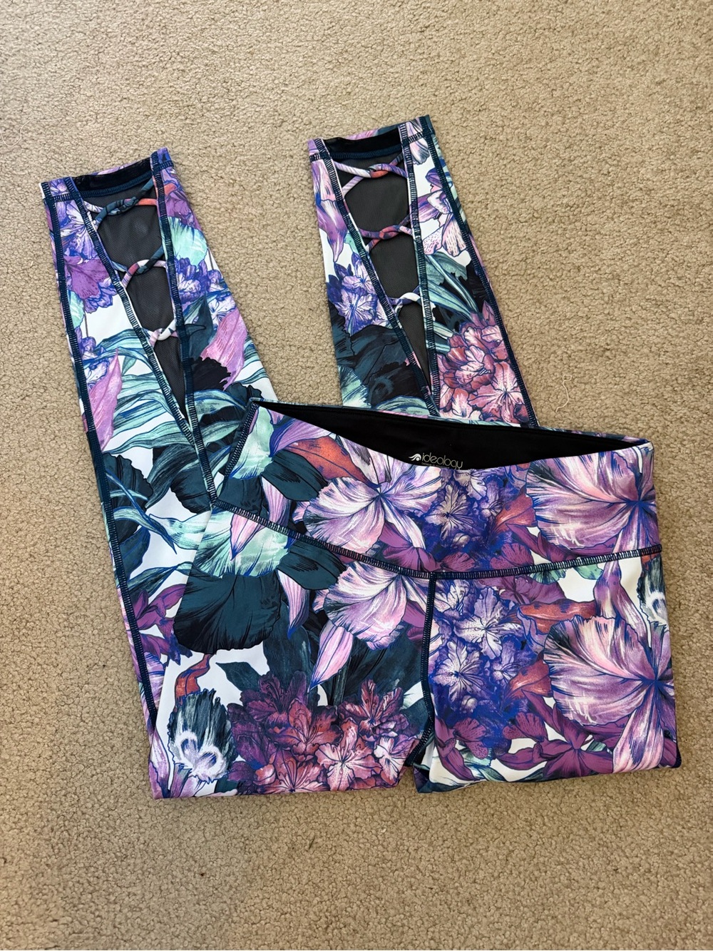 Ideology Floral Print Leggings M Cutout Lace-Up Calf Workout Yoga Activewear